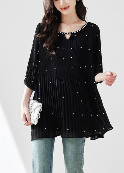 Modern Top O-Neck Sleeve Silk Nail Half Black Bead FashionChic
