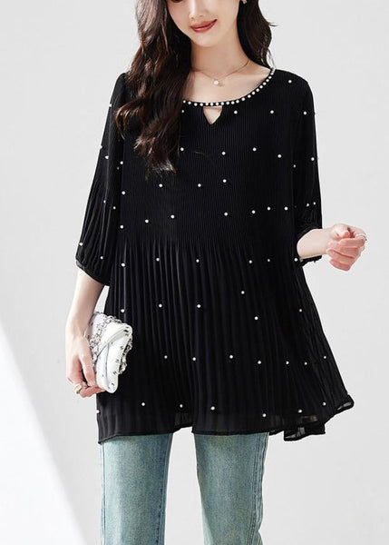 Modern Top O-Neck Sleeve Silk Nail Half Black Bead FashionChic