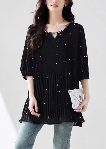 Modern Top O-Neck Sleeve Silk Nail Half Black Bead FashionChic
