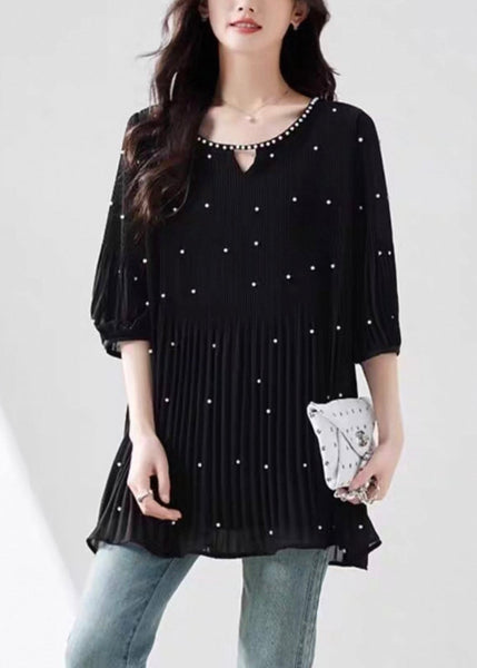 Modern Top O-Neck Sleeve Silk Nail Half Black Bead FashionChic