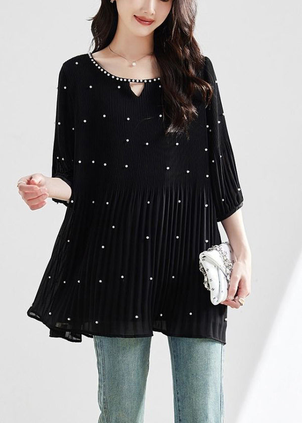 Modern Top O-Neck Sleeve Silk Nail Half Black Bead FashionChic