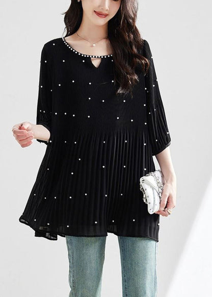Modern Top O-Neck Sleeve Silk Nail Half Black Bead FashionChic