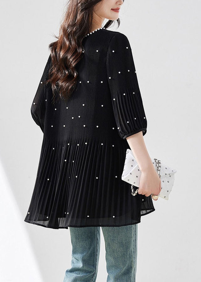 Modern Top O-Neck Sleeve Silk Nail Half Black Bead FashionChic