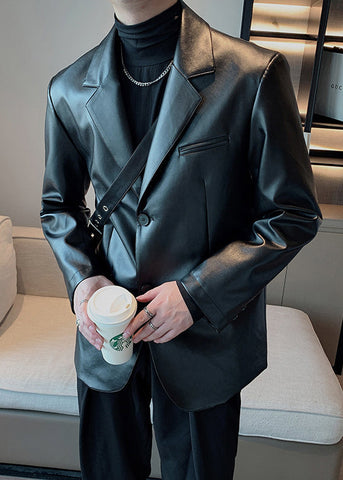 Modern Black Peter Pan Collar Button Faux Leather Mens Coats Spring RN030 ABC