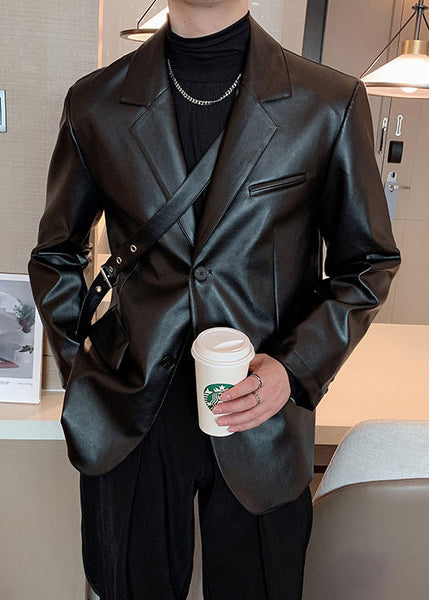 Modern Black Peter Pan Collar Button Faux Leather Mens Coats Spring RN030 ABC