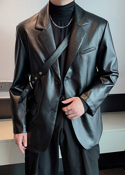 Modern Black Peter Pan Collar Button Faux Leather Mens Coats Spring RN030 ABC