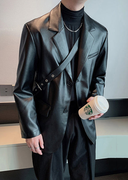 Modern Black Peter Pan Collar Button Faux Leather Mens Coats Spring RN030 ABC