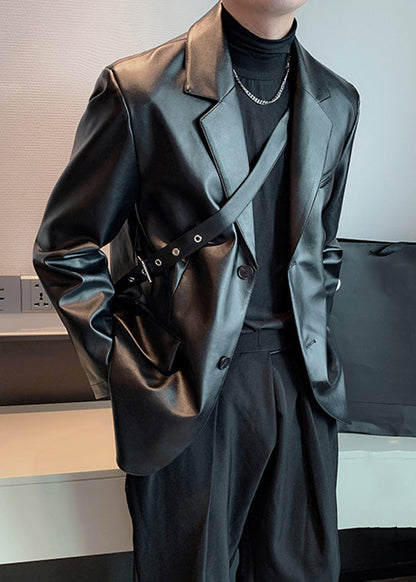 Modern Black Peter Pan Collar Button Faux Leather Mens Coats Spring RN030 ABC