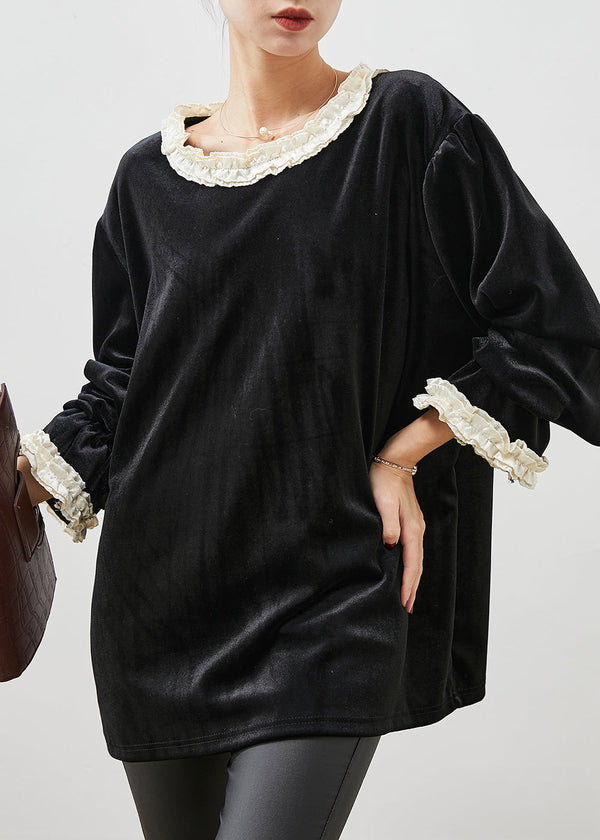 Modern Black Ruffled Patchwork Silk Velvet Loose Tops Spring YU1053 Ada Fashion