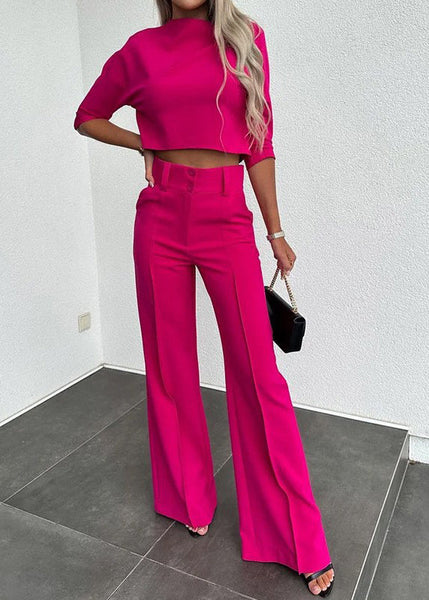 Modern Set Pants Solid And Wide Pieces Leg Black Top Two Fall FashionChic