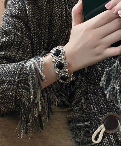 Gem Sterling Silver Stone Modern Two-Piece Black Chain Set Floral FashionChic