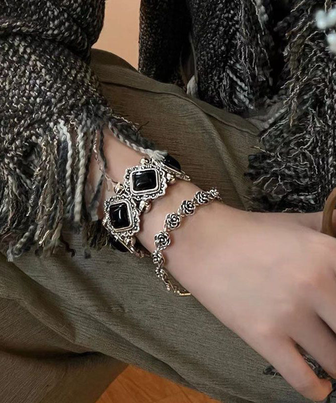 Gem Sterling Silver Stone Modern Two-Piece Black Chain Set Floral FashionChic