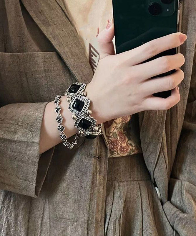 Gem Sterling Silver Stone Modern Two-Piece Black Chain Set Floral FashionChic