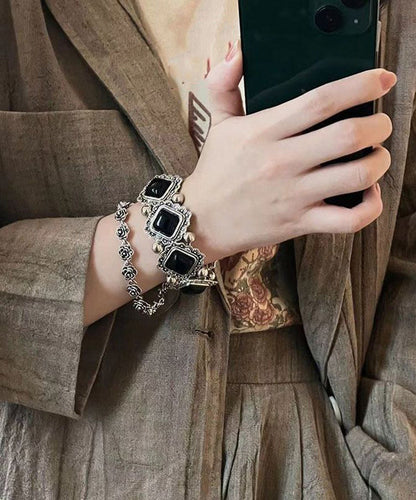 Gem Sterling Silver Stone Modern Two-Piece Black Chain Set Floral FashionChic