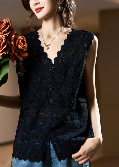 Modern Black V Neck Hollow Out Lace Top Sleeveless AC1013 Genistyle Shop