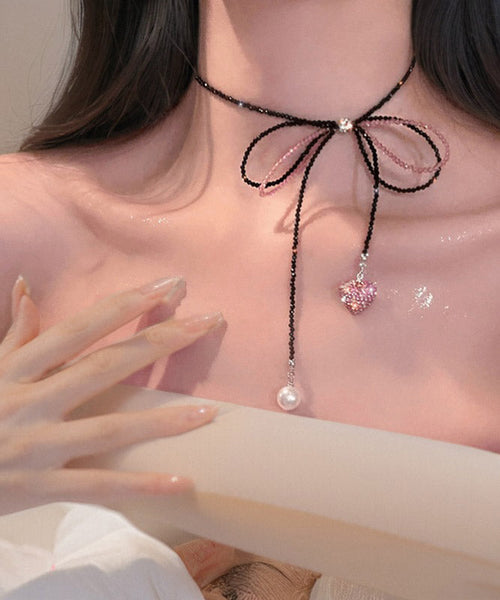 Modern Black Zircon Beading Bow Tie Lace Pearl Love Pendant Necklace YA014 ABC