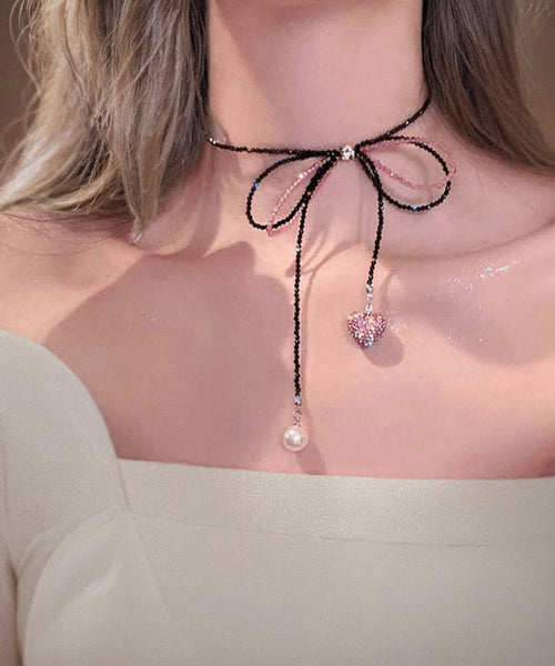Modern Black Zircon Beading Bow Tie Lace Pearl Love Pendant Necklace YA014 ABC