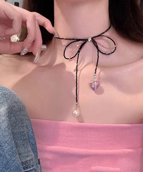Modern Black Zircon Beading Bow Tie Lace Pearl Love Pendant Necklace YA014 ABC