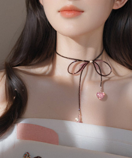 Modern Black Zircon Beading Bow Tie Lace Pearl Love Pendant Necklace YA014 ABC