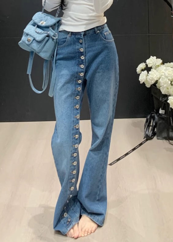 Asymmetrical Blue Pants Waist Straight Denim High Modern Button FashionChic