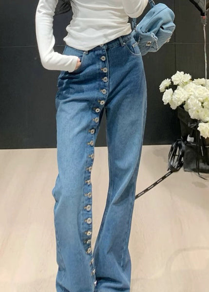 Asymmetrical Blue Pants Waist Straight Denim High Modern Button FashionChic