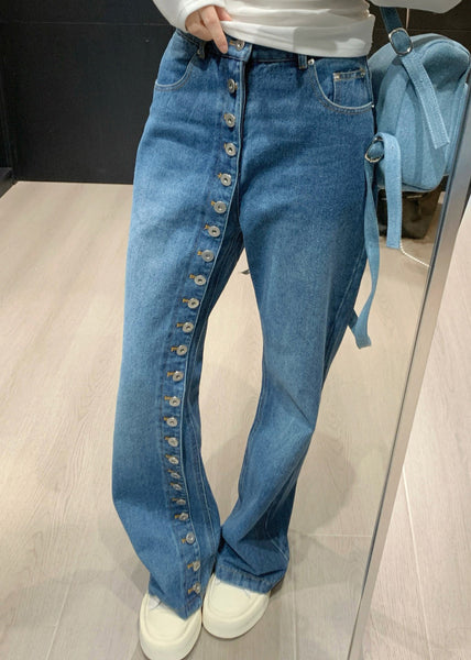 Asymmetrical Blue Pants Waist Straight Denim High Modern Button FashionChic