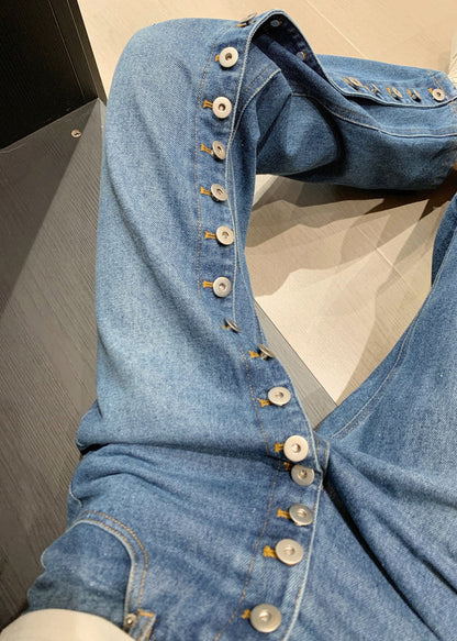 Asymmetrical Blue Pants Waist Straight Denim High Modern Button FashionChic