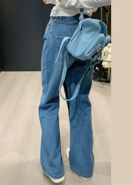 Asymmetrical Blue Pants Waist Straight Denim High Modern Button FashionChic