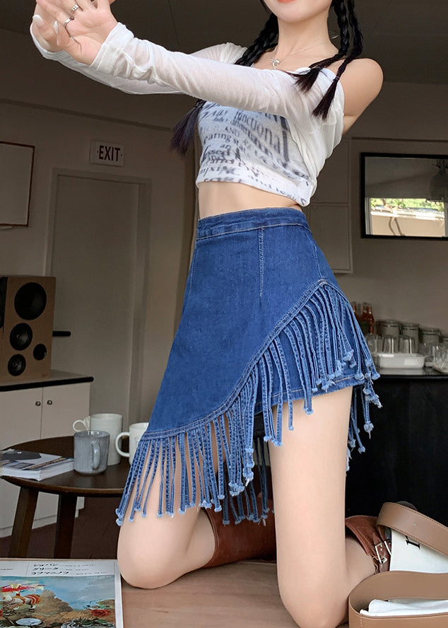 Modern Blue Asymmetrical Design Tasseled Denim Wraped Skirts Summer YY004 OL-SKTS2408-16