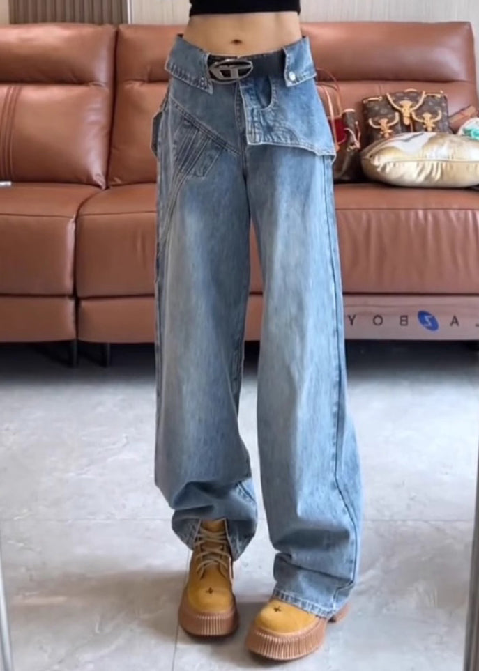 High Blue Waist Pants Spring Asymmetrical Modern Denim FashionChic
