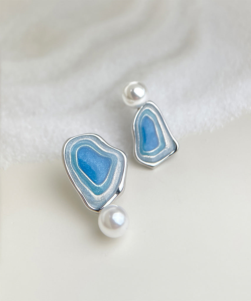 Modern Glaze Copper Pearl Stud Blue Earrings Drip FashionChic
