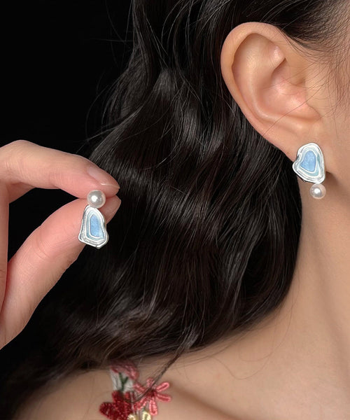 Modern Glaze Copper Pearl Stud Blue Earrings Drip FashionChic