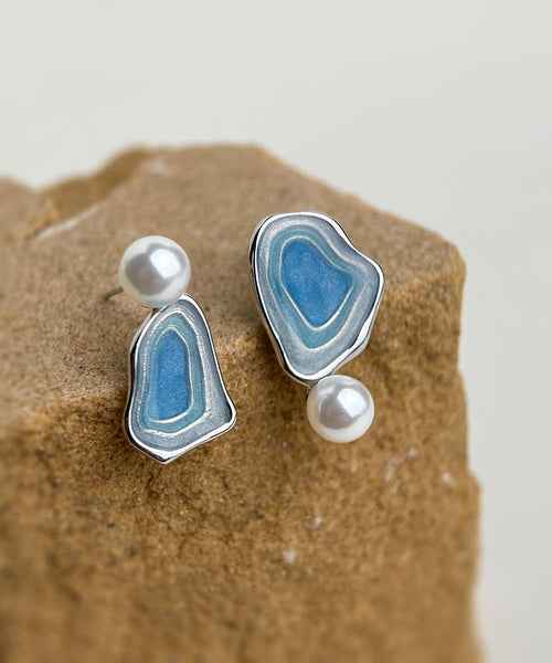 Modern Glaze Copper Pearl Stud Blue Earrings Drip FashionChic