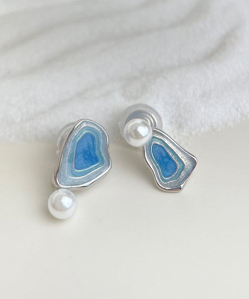 Modern Glaze Copper Pearl Stud Blue Earrings Drip FashionChic