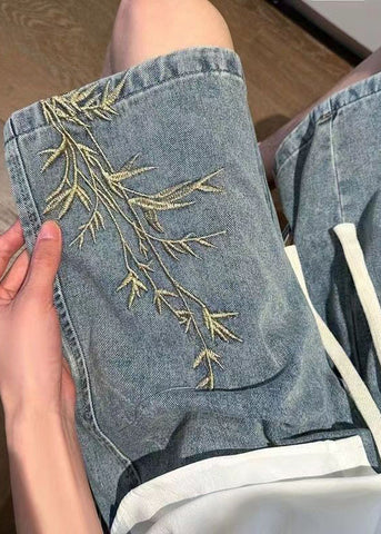 Denim Men Summer Embroideried Blue Modern Waist Elastic Shorts FashionChic