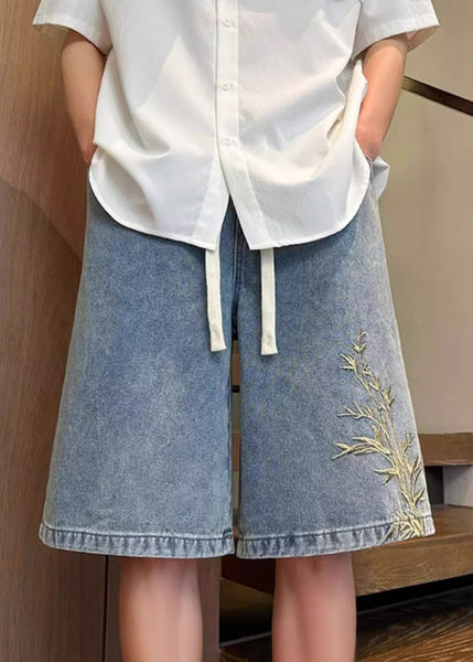 Denim Men Summer Embroideried Blue Modern Waist Elastic Shorts FashionChic