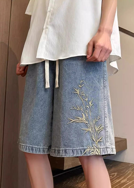Denim Men Summer Embroideried Blue Modern Waist Elastic Shorts FashionChic