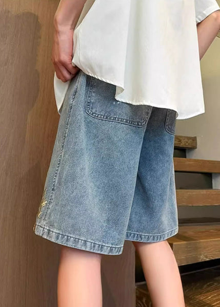 Denim Men Summer Embroideried Blue Modern Waist Elastic Shorts FashionChic