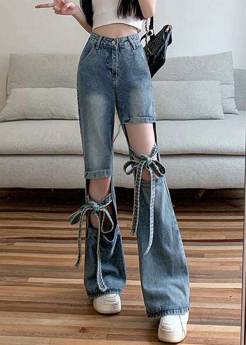 Spring Denim Hollow Pants Modern Blue Lace Out Up FashionChic
