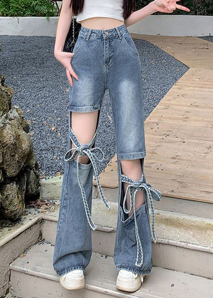 Spring Denim Hollow Pants Modern Blue Lace Out Up FashionChic