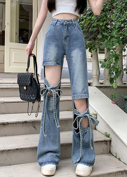 Spring Denim Hollow Pants Modern Blue Lace Out Up FashionChic