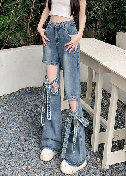 Spring Denim Hollow Pants Modern Blue Lace Out Up FashionChic