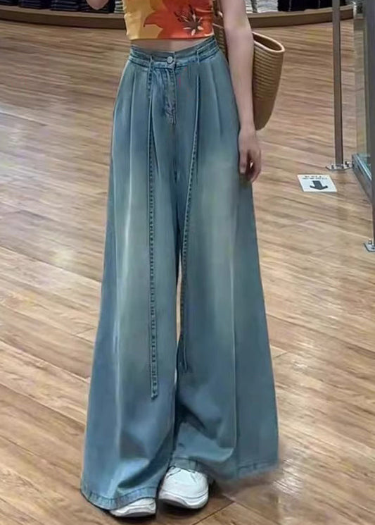 Lace Pants Blue Summer High Waist Up Modern Wide Leg Denim FashionChic