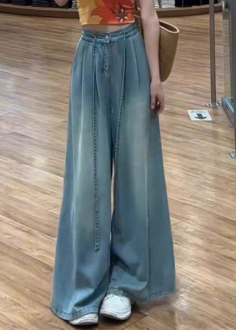 Lace Pants Blue Summer High Waist Up Modern Wide Leg Denim FashionChic
