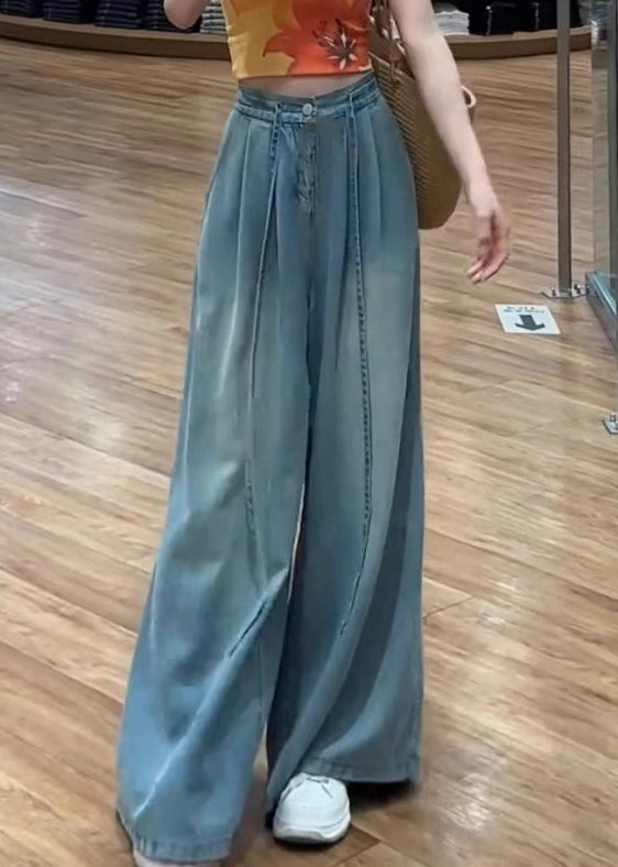 Lace Pants Blue Summer High Waist Up Modern Wide Leg Denim FashionChic