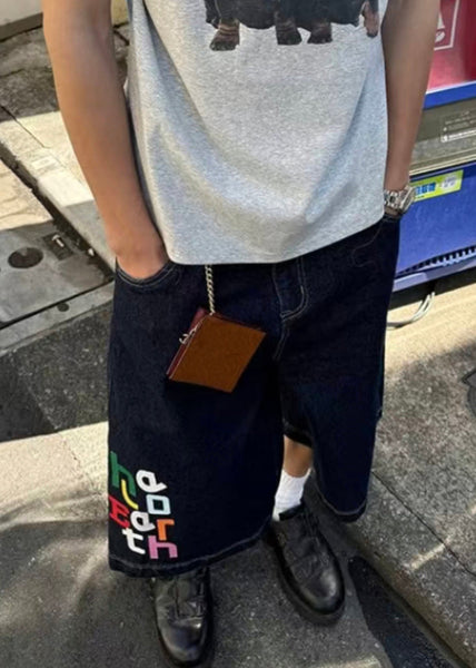 High Crop Blue Letter Summer Waist Mens Modern Denim Pants FashionChic