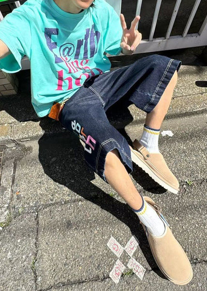 High Crop Blue Letter Summer Waist Mens Modern Denim Pants FashionChic