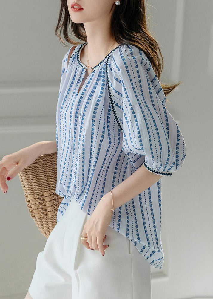 Modern Blue O-Neck Chiffon Print Shirts Puff Sleeve WW004 OL-HTP240812