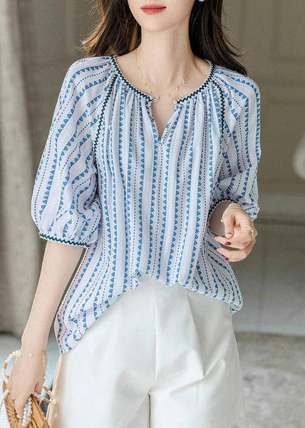 Modern Blue O-Neck Chiffon Print Shirts Puff Sleeve WW004 OL-HTP240812