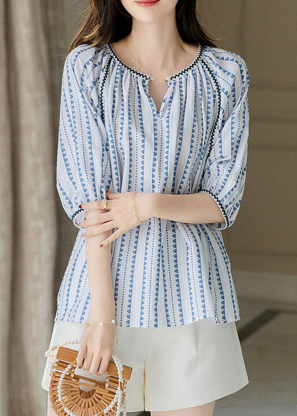 Modern Blue O-Neck Chiffon Print Shirts Puff Sleeve WW004 OL-HTP240812